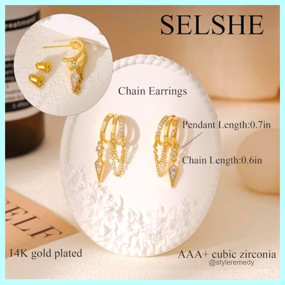 14K Gold Plated Triple Huggie Stud Earrings, Dainty Drop Statement Jewelry - Picture 3 of 7